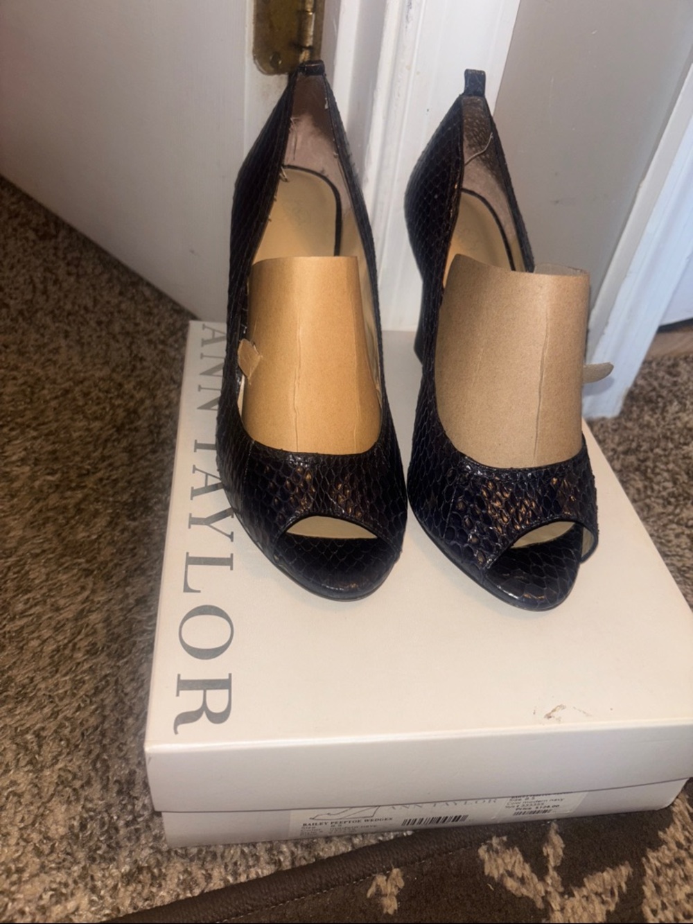 Ann Taylor Black Faux-Snakeskin Peep-Toe Slingbacks